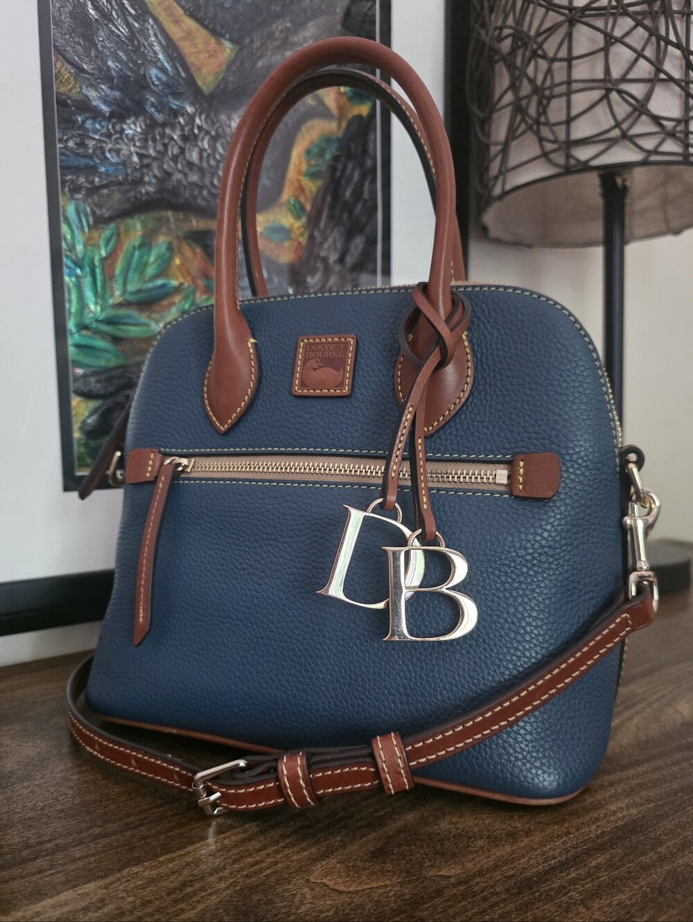 Dooney & Bourke Navy Pebble Leather Satchel with Brown Trim